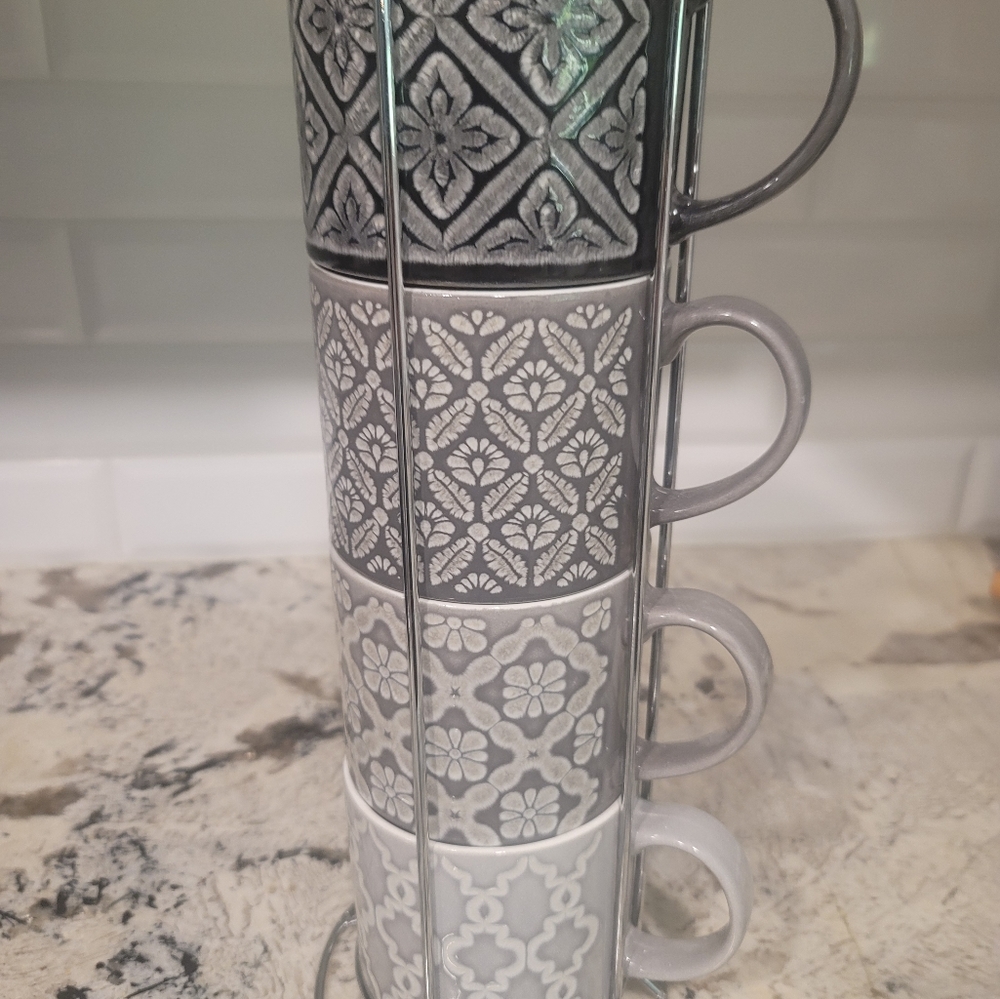 ☕️4 x Gray Coffee Cups Mug Set with Metal Rack